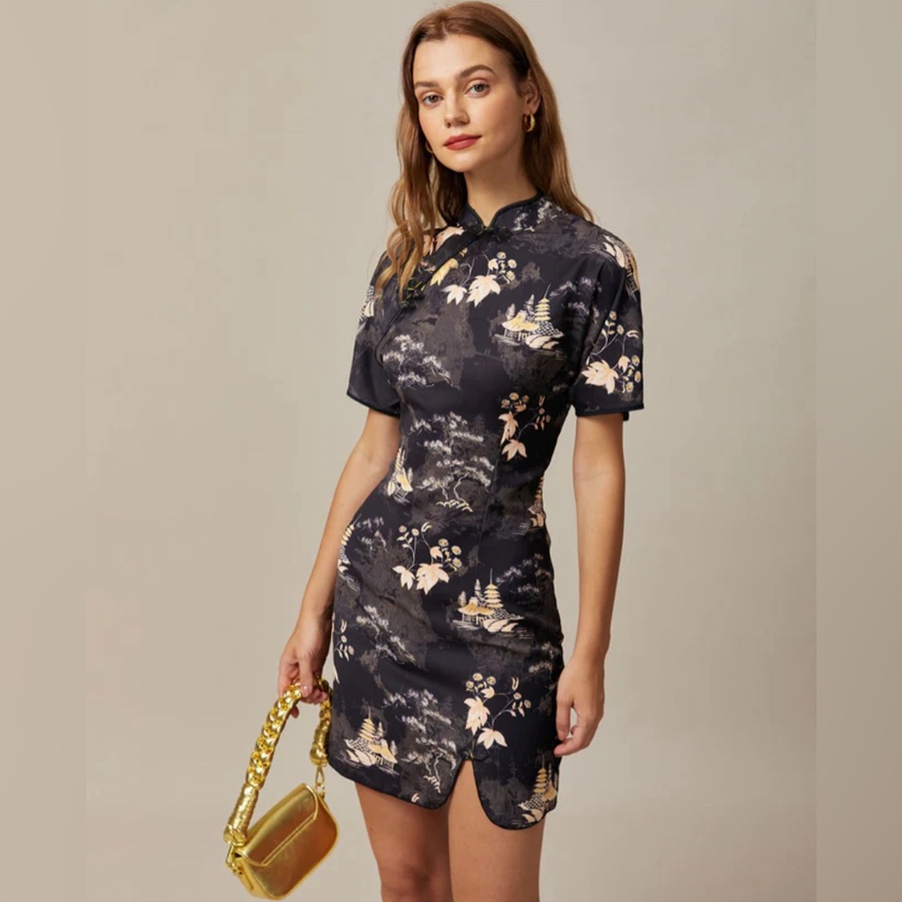 NWT RIHOAS The Black Mandarin Collar Floral Cheongsam Sz XS, S, M.
